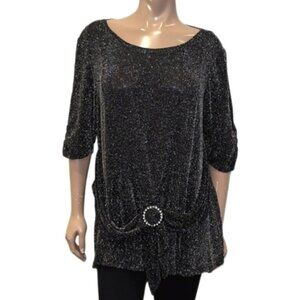 VINTAGE Lurex Blouse Short Sleeve Metallic Rhinestone Buckle Tie Front Tunic